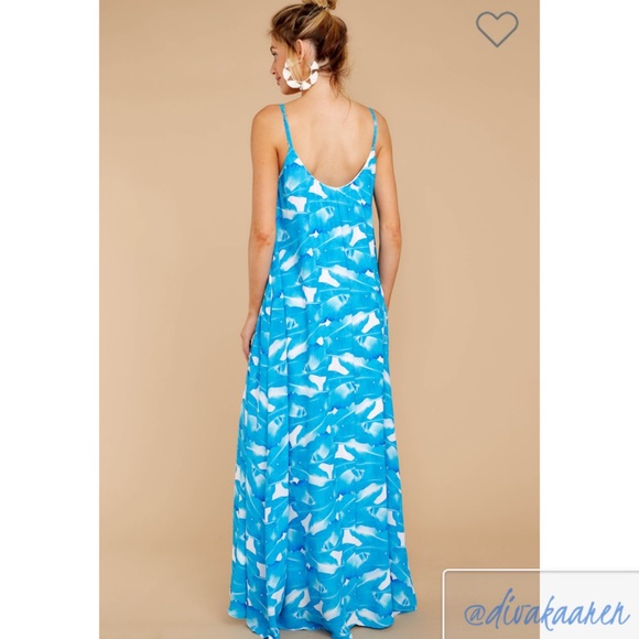 Bright Blue Palm Print Maxi Dress w/Pockets - Picture 5 of 8